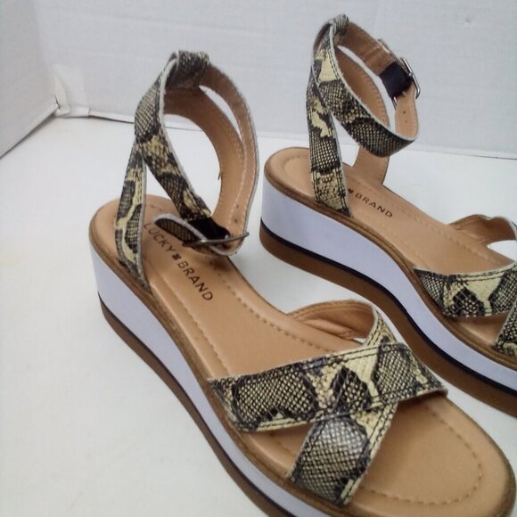 Lucky Brand Wedge Sandals Women 8 Tarhi Snake Skin Animal Print Ankle Strap - Picture 3 of 16